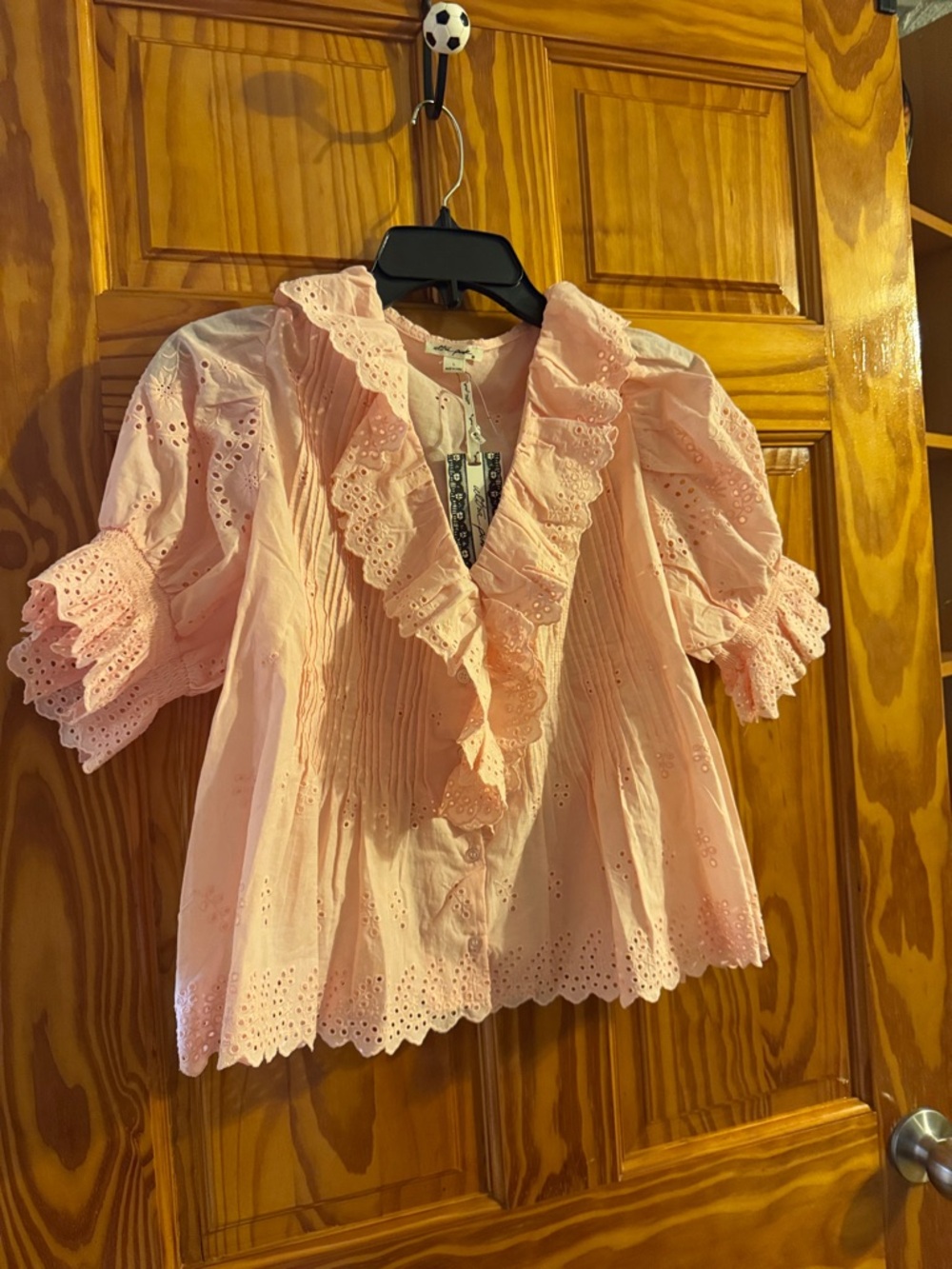 Ultra Pink Girls' Ruffled Eyelet Blouse in Light Pink